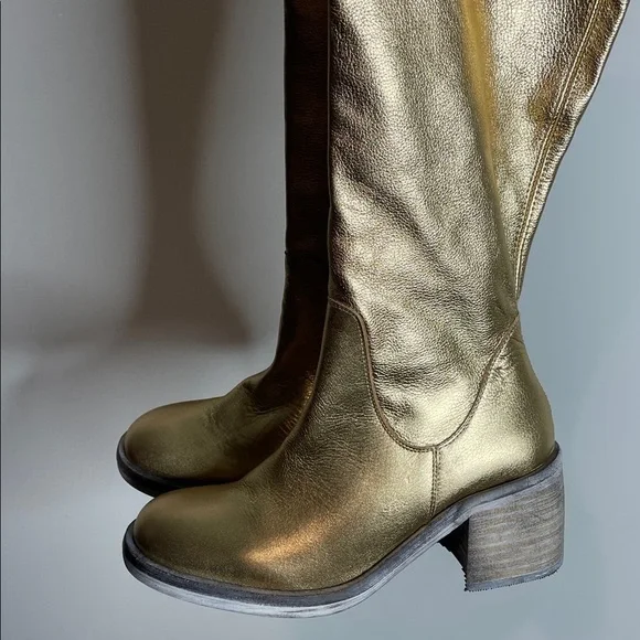 Free People | Women’s Essentials Tall Gold Metallic Leather Boots Size 6 NWOB - Picture 2 of 8